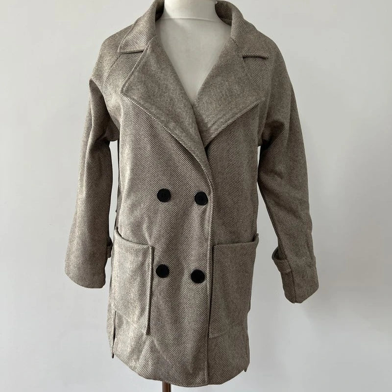 Women's Aut Long Sleeve Herringbone Thick Tweed Blazer Vintage Casual Suit Collar Coat.