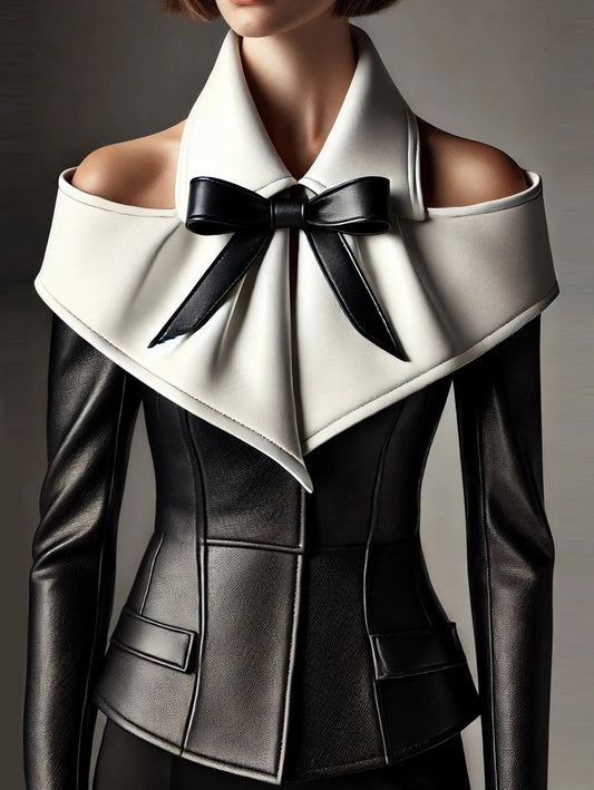 Leather PU Tops Off the Shoulder Bow Turn Down Collar Patchwork Long Sleeve Slim Elegant.
