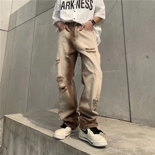 Men's Vintage Coffee Color Gradient Ripped Jeans