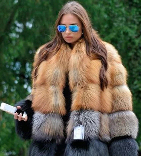 Amazon Foreign Trade Imitation Fur Coat Women's Mid-Length Luxurious Stitching Contrast Color .