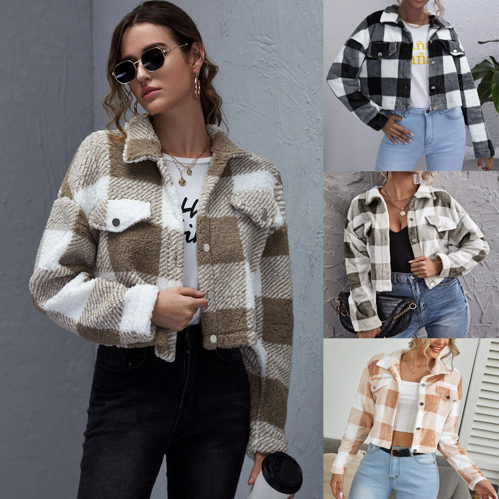 Loose Plaid Thick Plush Women's Short Coat