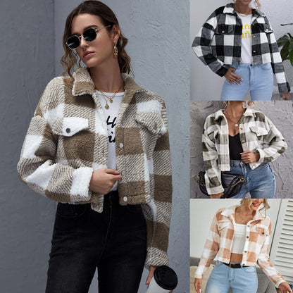 Loose Plaid Thick Plush Women's Short Coat