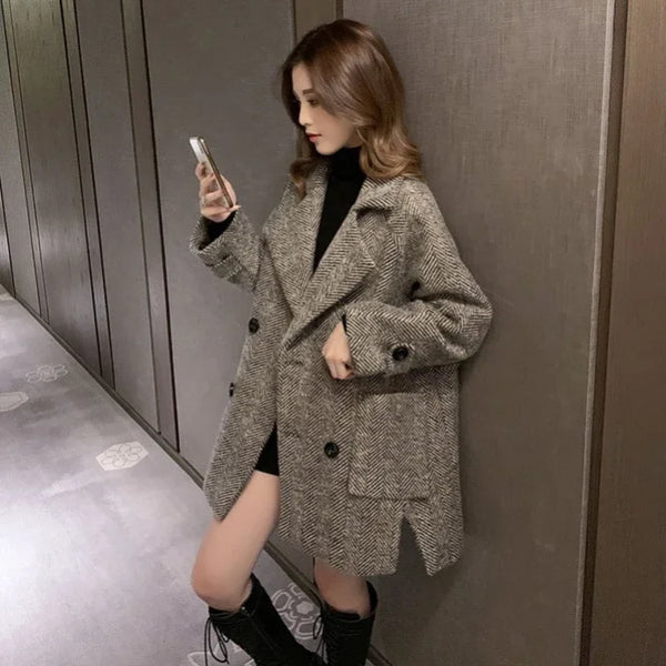Women's Aut Long Sleeve Herringbone Thick Tweed Blazer Vintage Casual Suit Collar Coat.