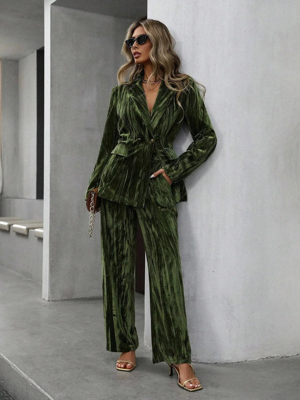 Suit Wide Leg Pants Two Piece Set Casual OL Top Long Pants Women's Ensemble Polyester Fiber Velvet Fabric