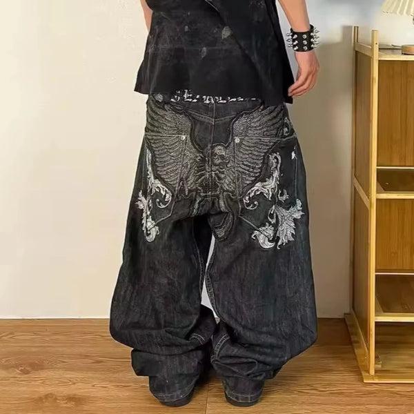 Gothic New Harajuku Oversize Pattern Embroidered Baggy jean.