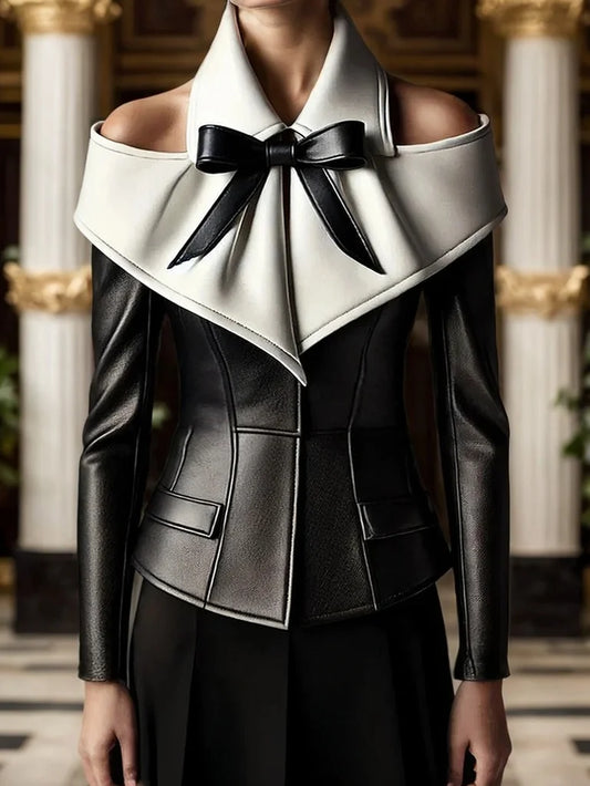 Leather PU Tops Off the Shoulder Bow Turn Down Collar Patchwork Long Sleeve Slim Elegant.