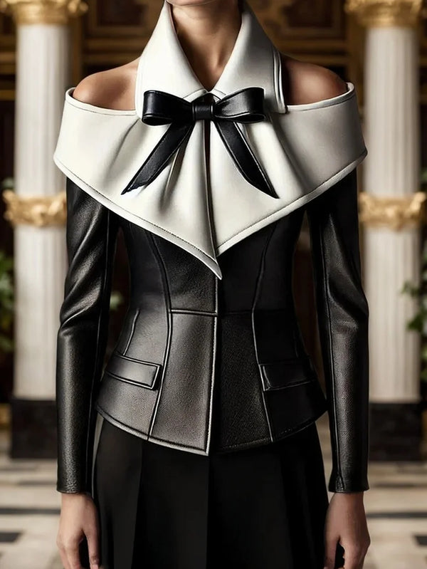 Leather PU Tops Off the Shoulder Bow Turn Down Collar Patchwork Long Sleeve Slim Elegant.