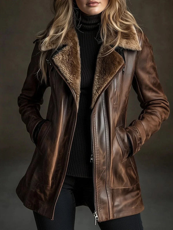 Faux Fur Leather Jacket Casual Lady Thick Warm Leather Velvet Turndown Collar Coat.