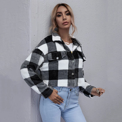 Loose Plaid Thick Plush Women's Short Coat