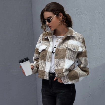 Loose Plaid Thick Plush Women's Short Coat