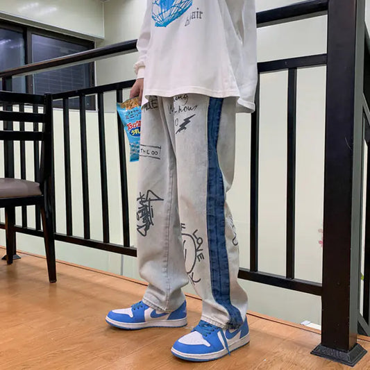 Men's Stylish Loose Jeans with Custom Print Design