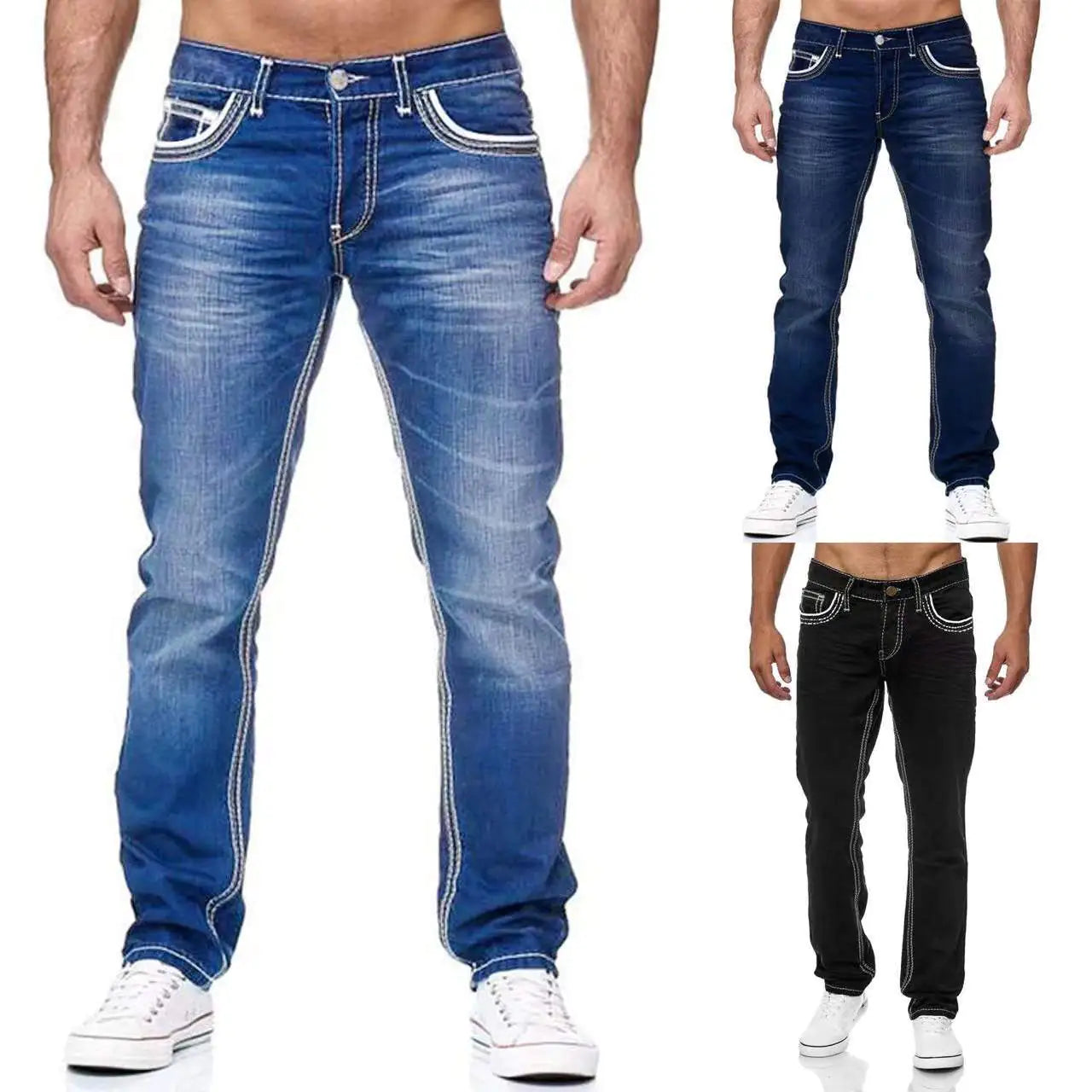 Men's Straight Jeans with Pockets for Casual Wear