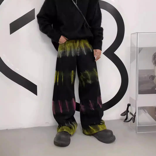 Men's Handmade Colorful Graffiti Design Loose Jeans